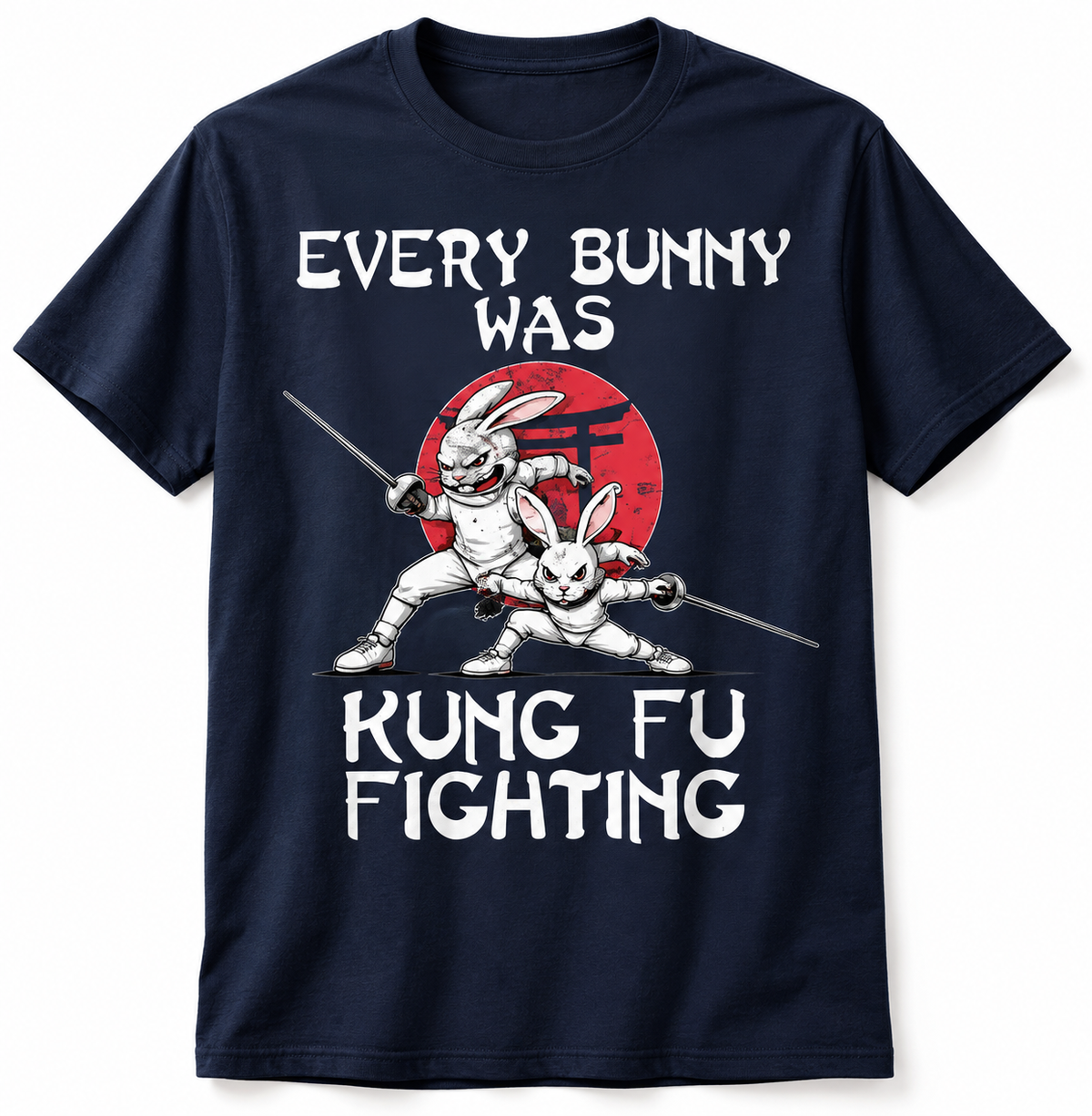 Every Bunny Was Kung Fu Fighting fencing t-shirt, navy, Palm Beach Fencing Club