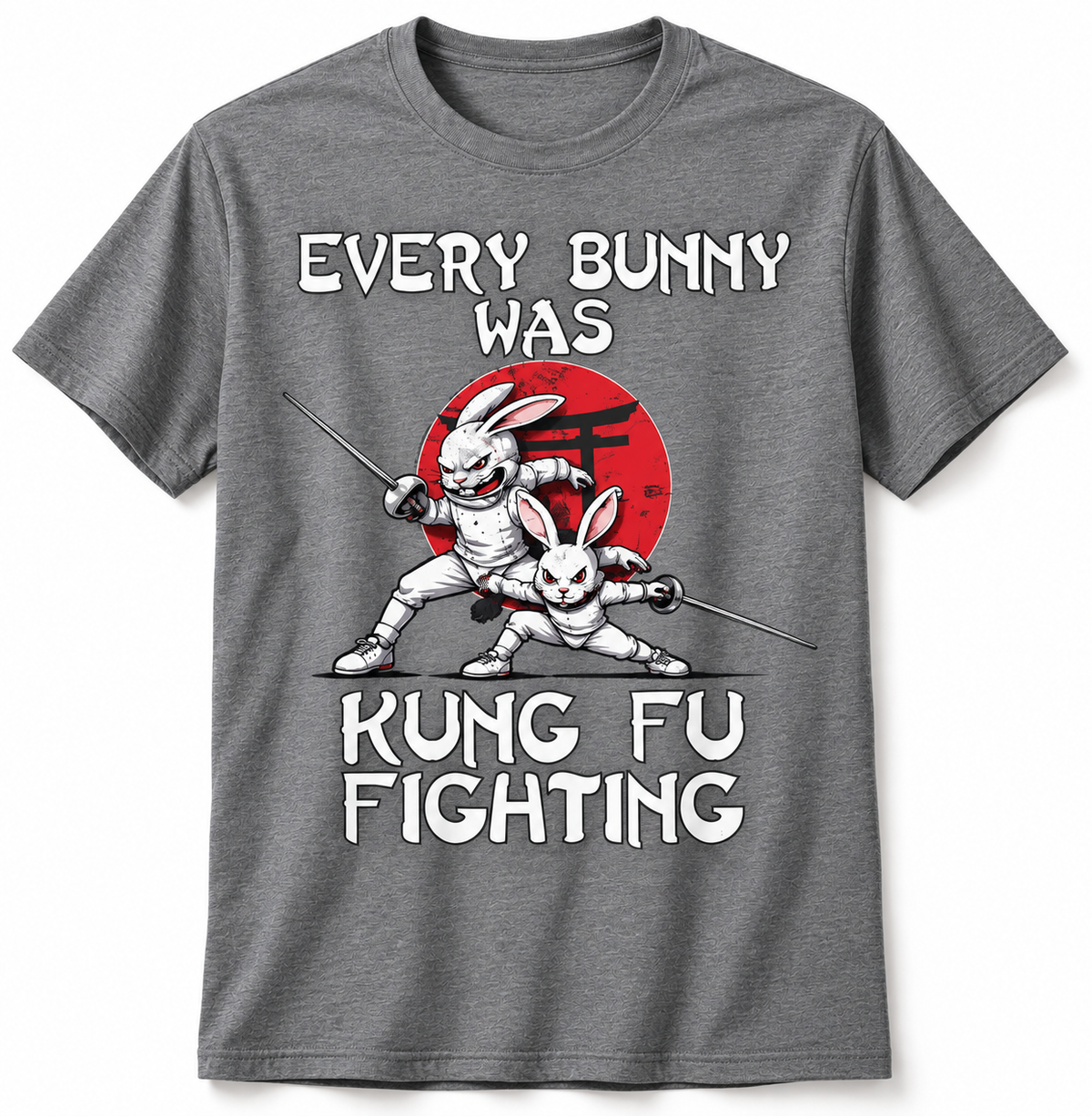 Every Bunny Was Kung Fu Fighting fencing t-shirt, heather gray, Palm Beach Fencing Club