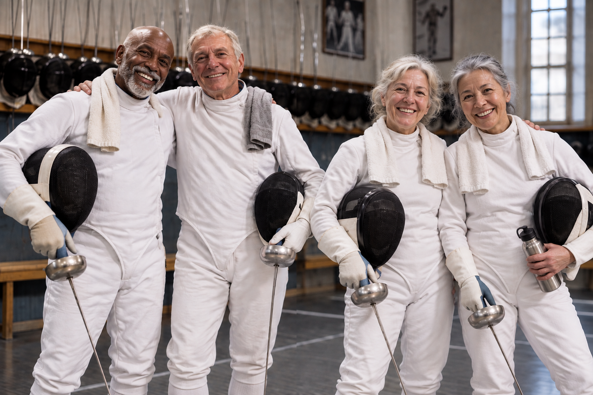 Senior fencers enjoying a daytime fencing session at Palm Beach Fencing Club