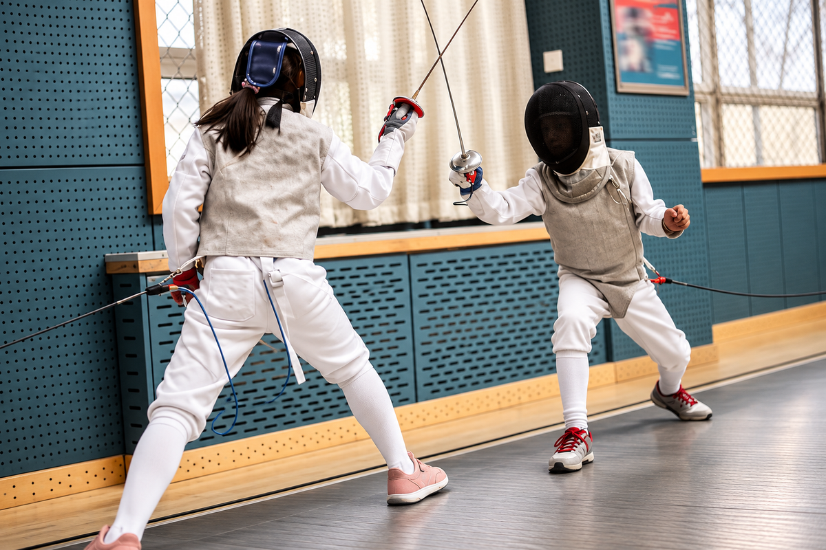 Young beginner learning foil fencing in the Palm Beach Fencing Club youth program
